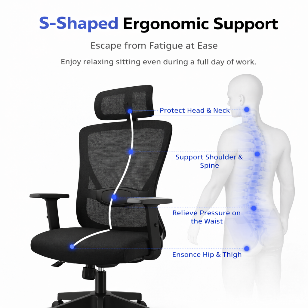 Ergonomic High Back Office Chair – Adjustable Computer Desk Chair with Lumbar Support, Breathable Mesh Back, Swivel & Rolling Wheels for Work from Home – Black Sk1051