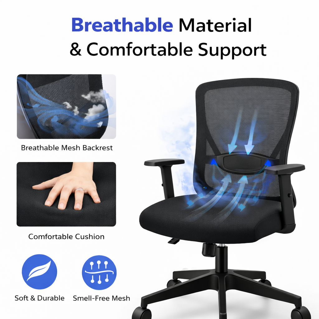 Ergonomic High Back Office Chair – Adjustable Computer Desk Chair with Lumbar Support, Breathable Mesh Back, Swivel & Rolling Wheels for Work from Home – Black Sk1051