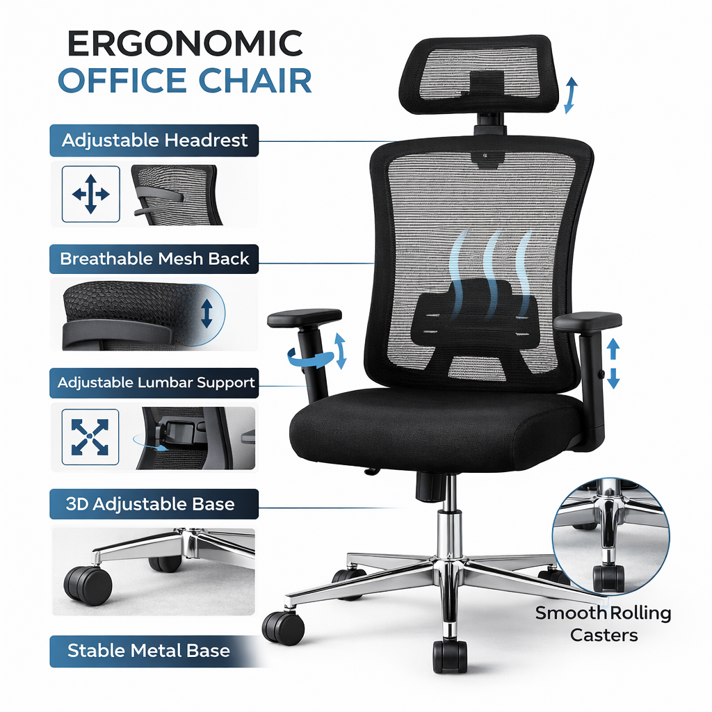 Comfortable Ergonomic Mesh Office Chair, High Back + Headrest Computer Chair with 3D Adjustable Armrests and Lumbar Support for Home and Office, Black LY-M1541C-1 OFFICE CHAIR
