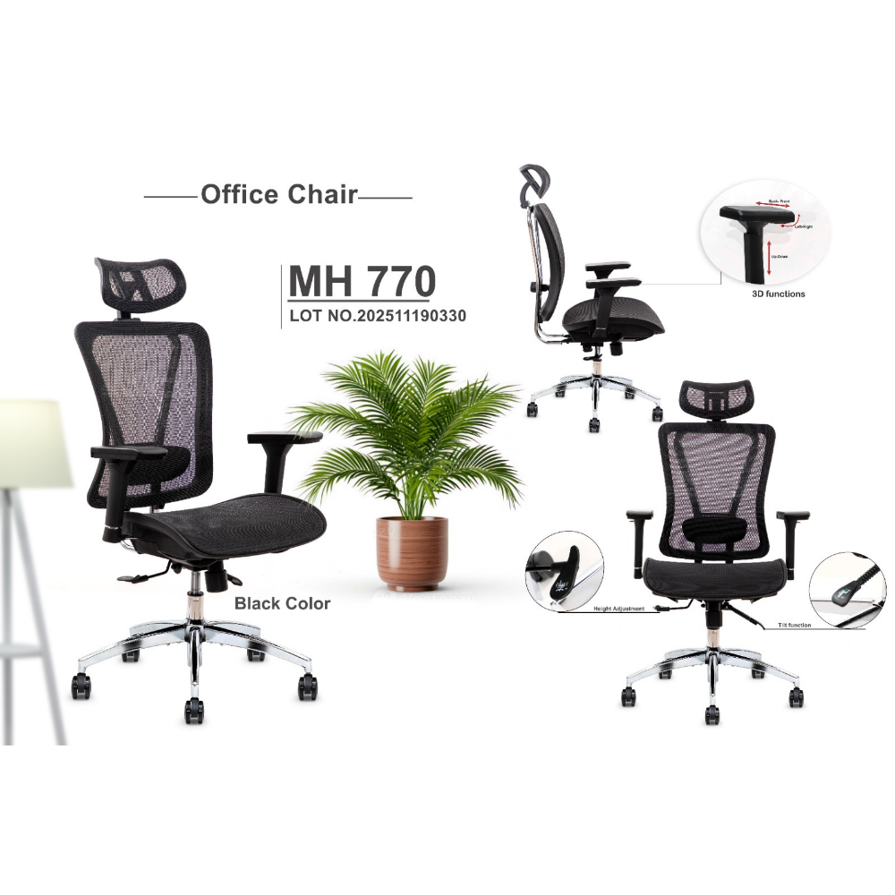 Furalux MH‑770 Ergonomic Mesh Office Chair with Headrest & 3D Armrests