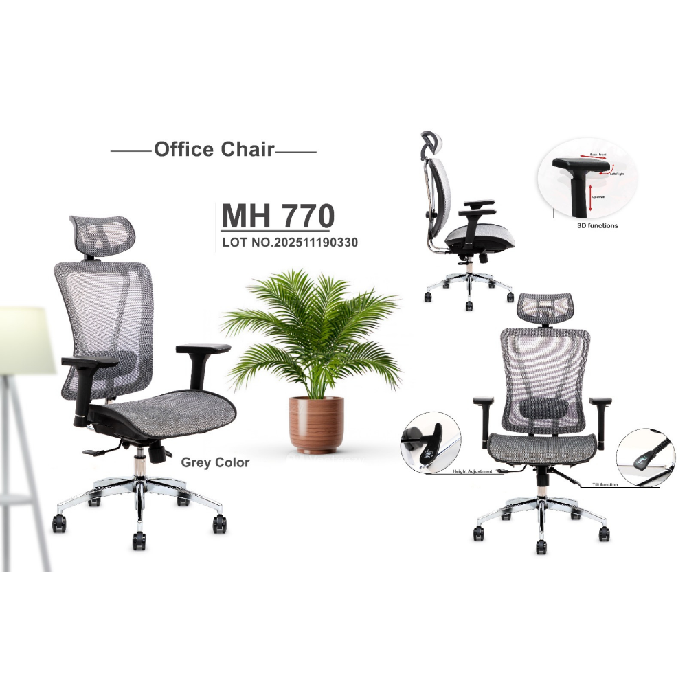 Furalux MH‑770 Ergonomic Mesh Office Chair with Headrest & 3D Armrests