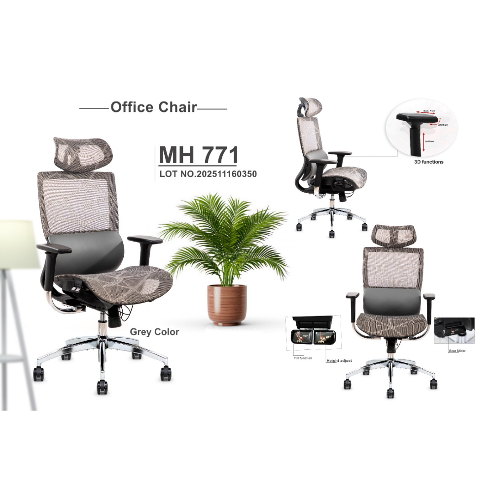 Furalux MH‑771 Ergonomic Mesh Office Chair with Headrest, 3D Armrests & Seat Slider
