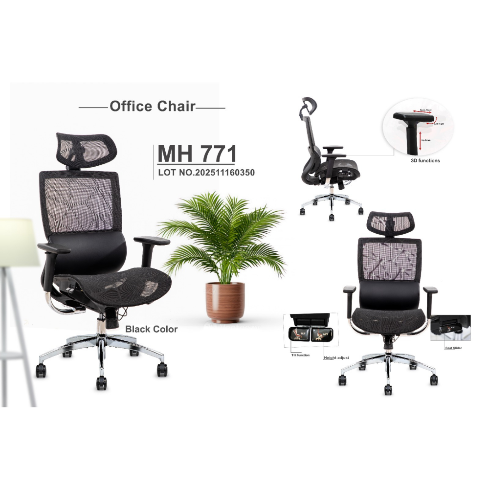 Furalux MH‑771 Ergonomic Mesh Office Chair with Headrest, 3D Armrests & Seat Slider