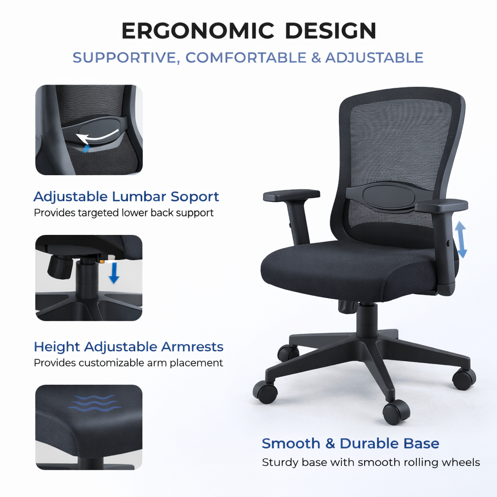 Ergonomic High Back Office Chair – Adjustable Computer Desk Chair with Lumbar Support, Breathable Mesh Back, Swivel & Rolling Wheels for Work from Home – Black Sk1051
