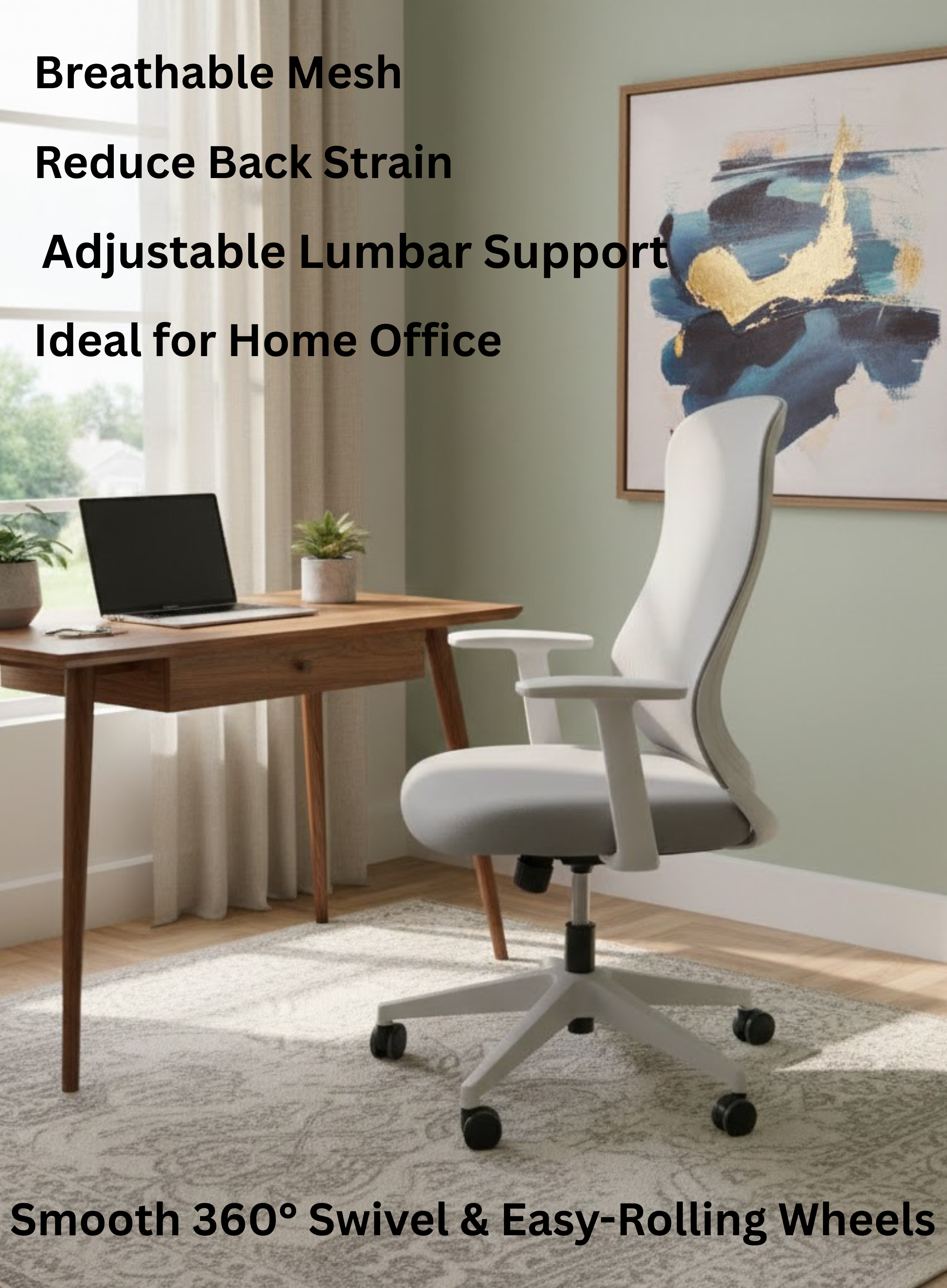 Premium Mesh & Fabric Office Chair – Mid-Back Ergonomic Desk Chair with Adjustable Lumbar Support, Swivel & Rolling Wheels, Breathable Executive Workstation Chair for Home & Office Productivity Furalux Aero Plus
