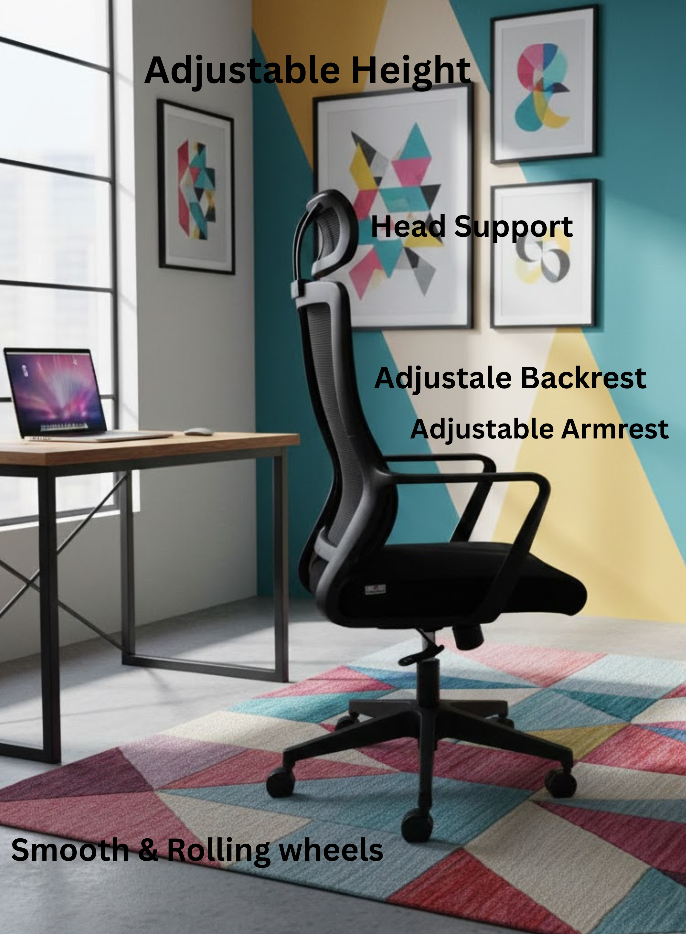Aero Active Black Ergonomic Office Chair with Mesh Back Support, Adjustable Features,  Modern Design Black