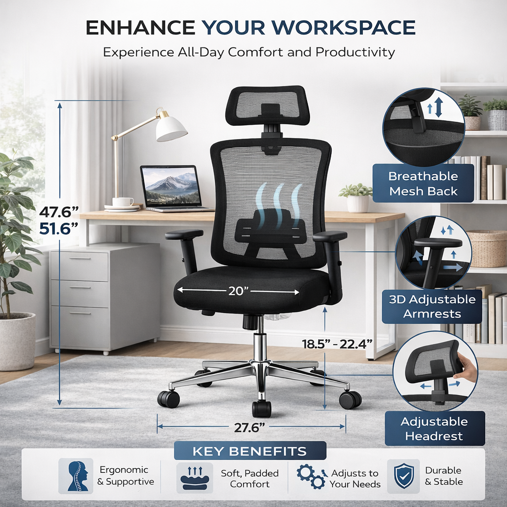 Comfortable Ergonomic Mesh Office Chair, High Back + Headrest Computer Chair with 3D Adjustable Armrests and Lumbar Support for Home and Office, Black LY-M1541C-1 OFFICE CHAIR